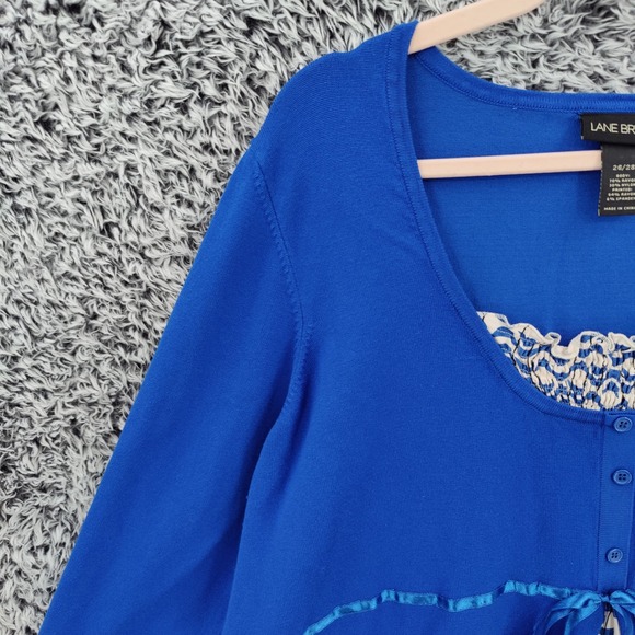 Lane Bryant Womens Cardigan Faux Layered Coquette 26/28 Blue Smocked Ribbon Tie - Picture 7 of 16